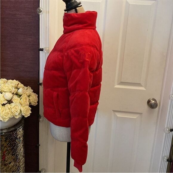 Juicy Couture Red Puffer Jacket Stand-Up Collar Cropped, XS - Picture 9 of 13
